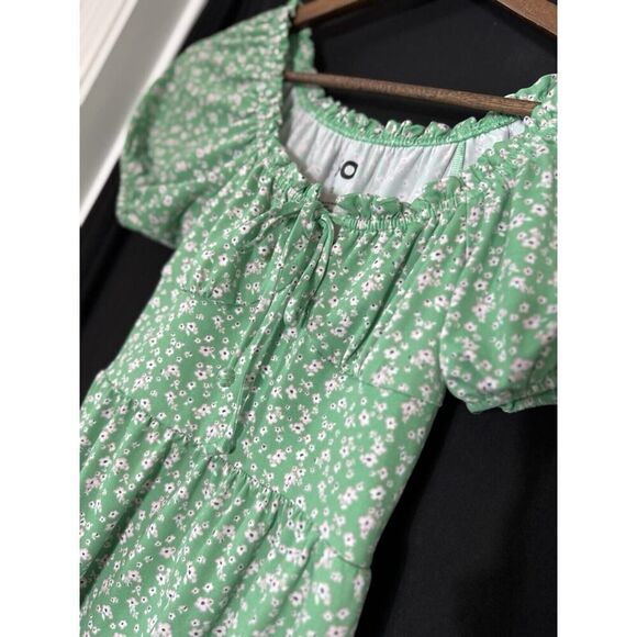 Milkmaid wench Dress Green Floral Tie‎ Short Sleeves Size XS Babydoll Boho - Picture 3 of 6